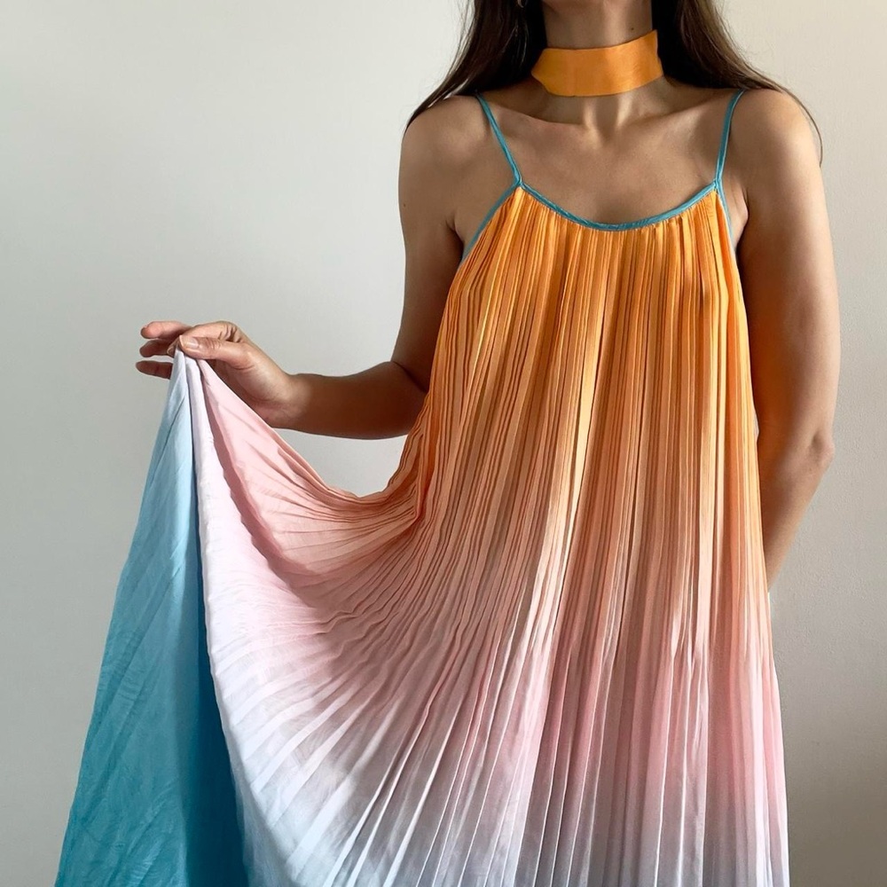 Coast | Orange pink blue ombre pleated maxi slip dress with belt | Size S | NWT